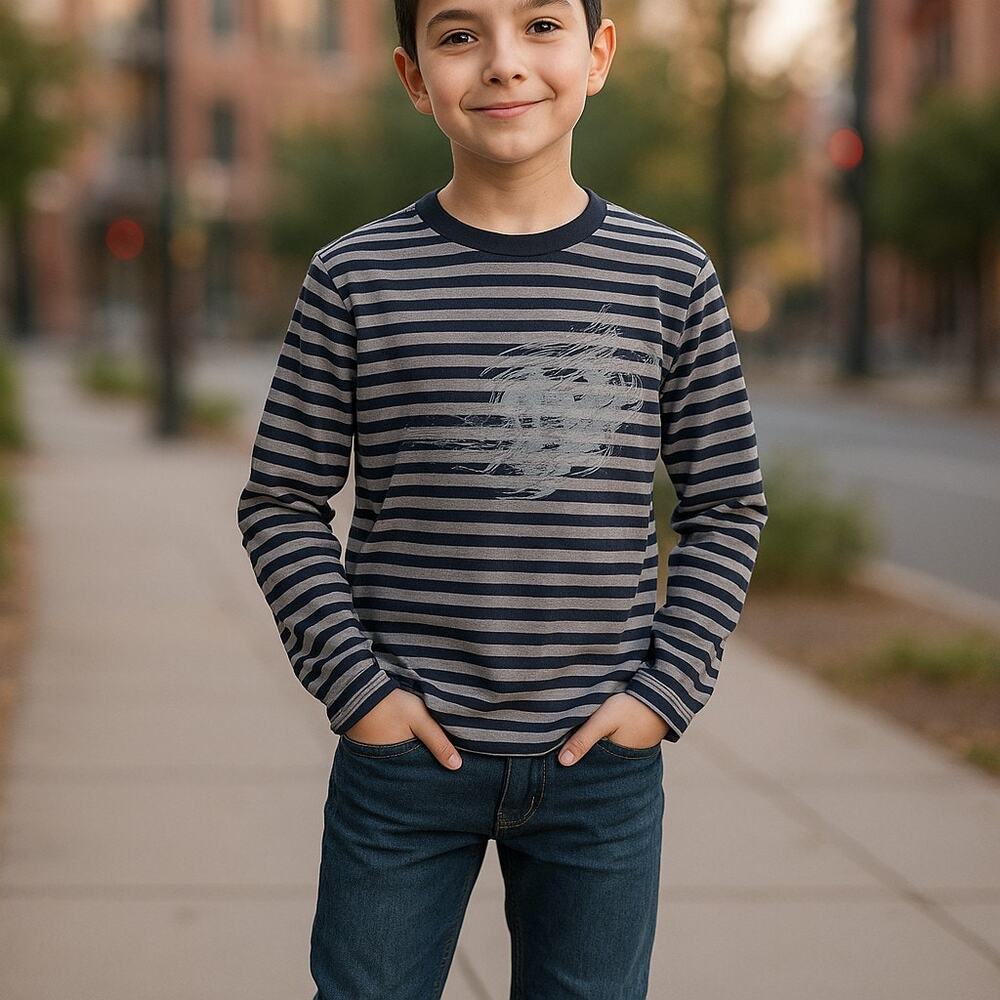 Hartstrings Boys Shirt Size 14 Gray Black Striped Rampant Lion Long Sleeves Knit